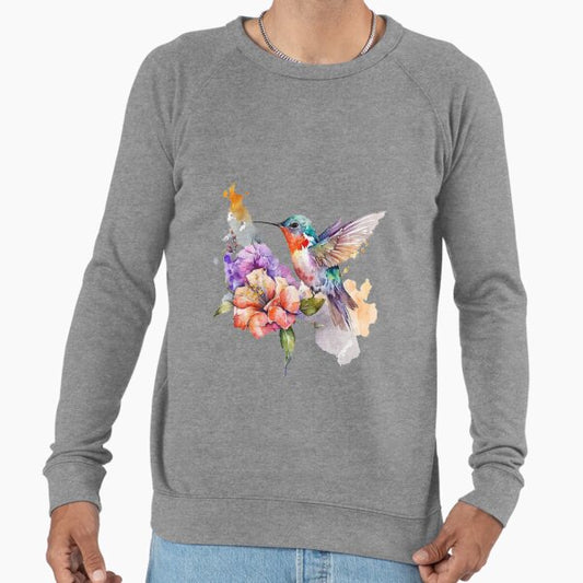 Colorful Watercolor Hummingbird and flowers Lightweight Sweatshirt