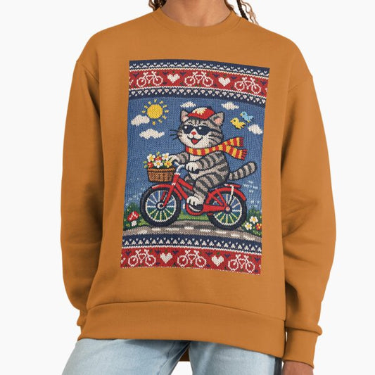 Cat riding a bicycle, funny knitted picture Sweatshirt