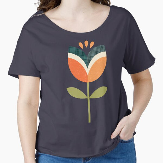 Retro Tulip - Orange and Olive Green Relaxed Fit T-Shirt