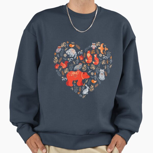 Fairy-tale forest. Fox, bear, raccoon, owls, rabbits, flowers and herbs on a blue background. Sweatshirt