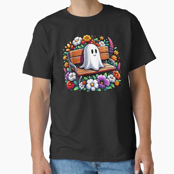 Cute Ghost Sitting on Park Bench, Flower Garden Summer Vibes T-Shirt