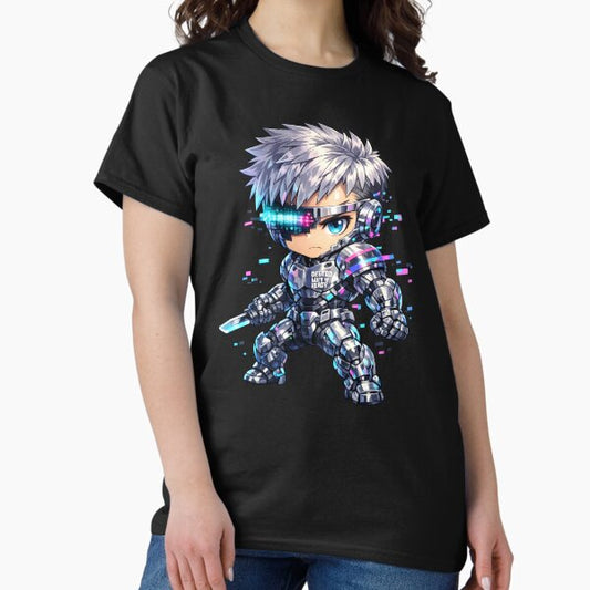 Cyber Chibi Soldier – Glitch Armor Sci-Fi Warrior Design T-Shirt