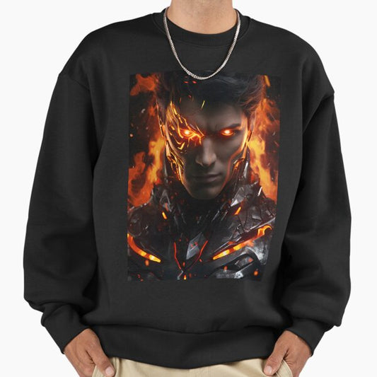 A handsome powerful flaming cyborg in the style of superhero Sweatshirt