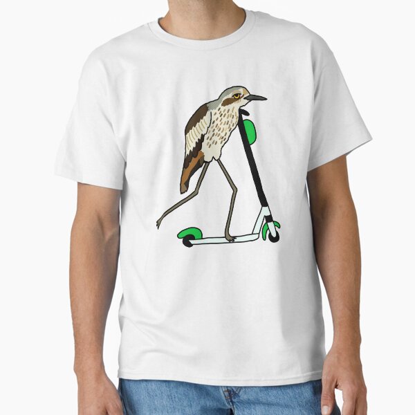 Bush-stone Curlew on a Scooter Blue T-Shirt