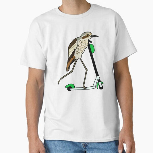 Bush-stone Curlew on a Scooter Blue T-Shirt