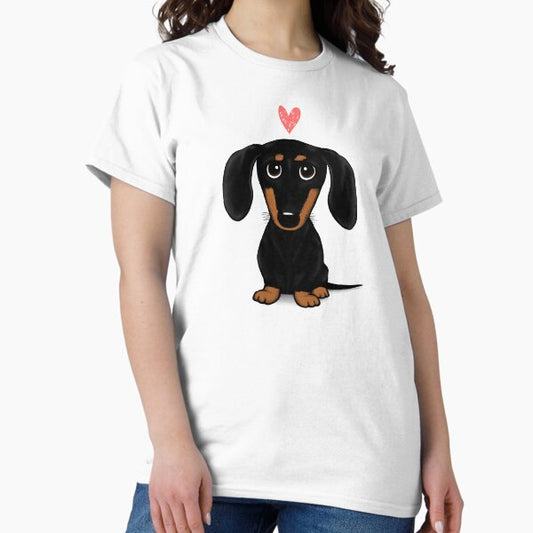 Black and Tan Dachshund with Heart | Cute Cartoon Wiener Dog T-Shirt