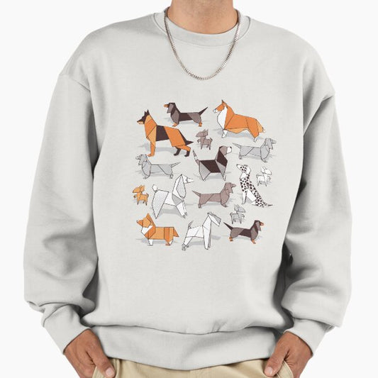 Origami doggie friends // grey linen texture background Sweatshirt