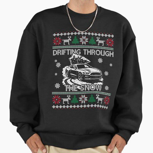 Drifting Through the Snow – Mustang Drift Ugly Christmas Design | Muscle Car Holiday Sweatshirt