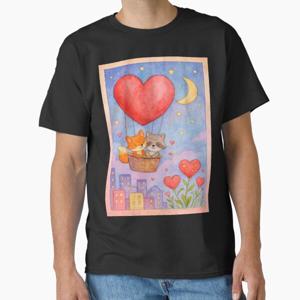 Love Balloon Adventure – Cute Fox and Raccoon Illustration T-Shirt