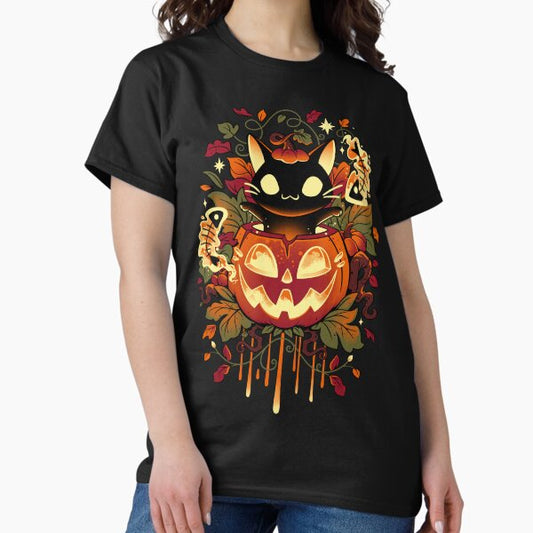 Autumn Tricks - Halloween Black Cat and Pumpkin T-Shirt