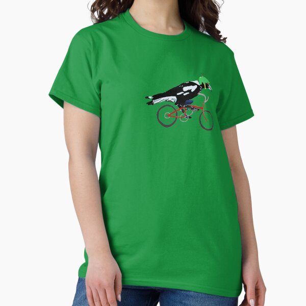 Magpie on Bike Swoop (in Green) T-Shirt