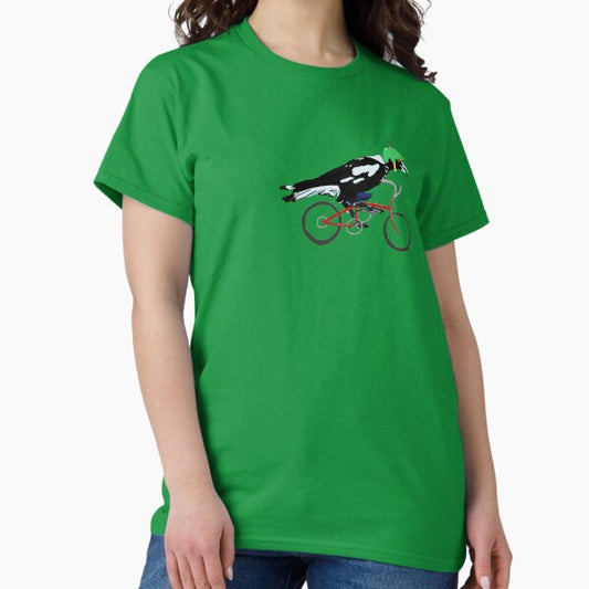 Magpie on Bike Swoop (in Green) T-Shirt