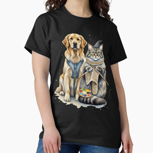 Whimsical Watercolor Pet Pals: Knitting Cat & Golden Retriever T-Shirt