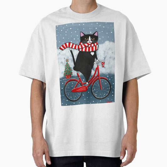 Tuxedo Cat Winter Bicycle Ride T-Shirt