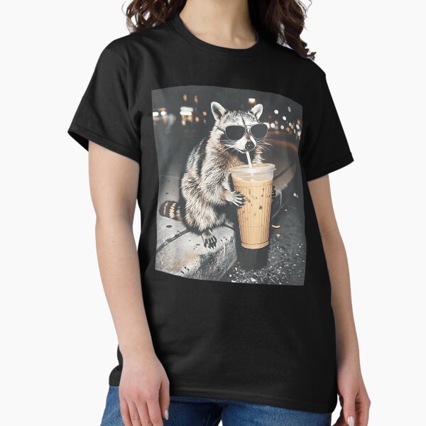 Cool Raccoon Drinking Iced Coffee Wearing Sunglasses Street Style Night Vibes T-Shirt