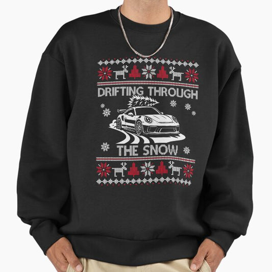 Drifting Through The Snow – German Sports Car Ugly Christmas Sweatshirt