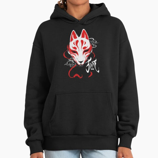 Kitsune Mask - Japanese Traditional Fox - Kanji Ink Hoodie