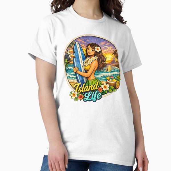 Hawaiian Surfer Girl Beach Logo – Tropical Surf Vibes & Island Style T-Shirt