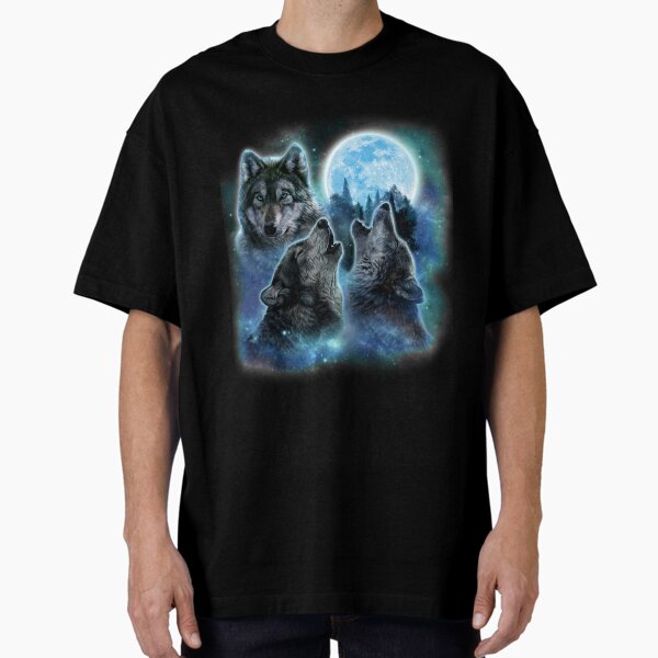 Three Grey Wolves and Icy Full Moon Swirl with Galaxy Space T-Shirt