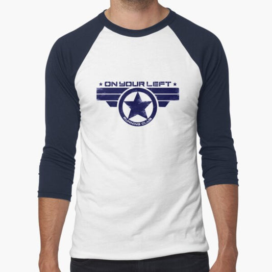 "On Your Left Running Club" Hybrid Distressed Print 1 Baseball ¾ Sleeve T-Shirt