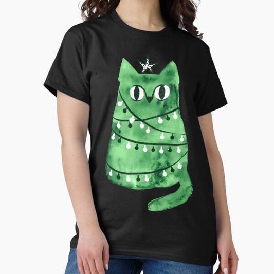 Merry Christmas and Happy New Year tree kitty cat with star and garland decoration. T-Shirt