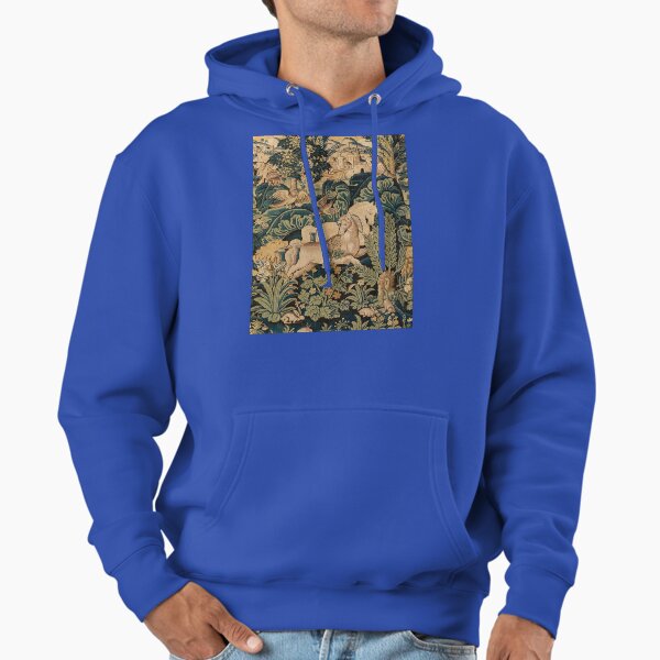 FANTASTIC ANIMALS AND HORSES IN WOODLAND Blue Green Ivory Antique French Tapestry Hoodie