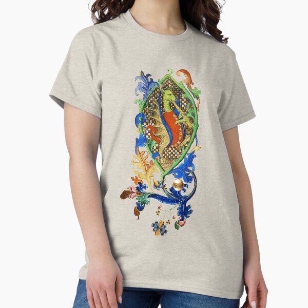 WEIRD MEDIEVAL BESTIARY MAKING MUSIC Green Dragon Playing Flute T-Shirt