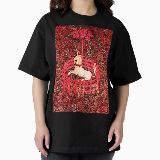 UNICORN AND GOTHIC FANTASY FLOWERS, RED FLORAL MOTIFS T-Shirt
