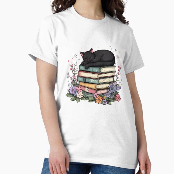 Black Cat Sleeping on Stack of Books T-Shirt
