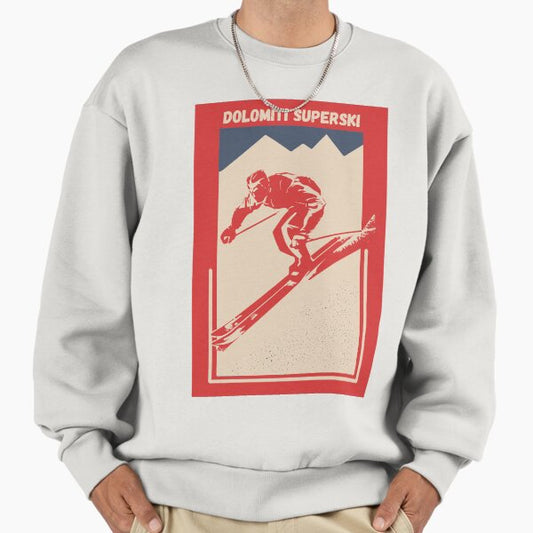 Vintage Red Geometric Ski Poster for Mountain Alpine Skier with the name of the Italian ski resort Dolomiti Superski Sweatshirt