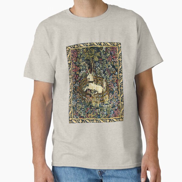 The Unicorn in Captivity Medieval Floral Tapestry T-Shirt