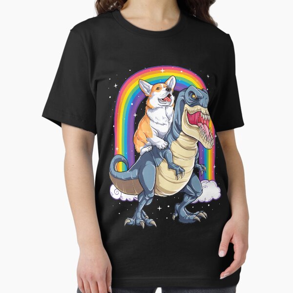 Corgi Riding Dinosaur T rex Shirt Funny Rainbow Dog T-Shirt