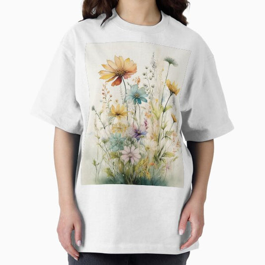 Blossoming spring Boho watercolour pastel wildflower garden painting, nature inspired neutral colours floral spring botanical flowers T-Shirt