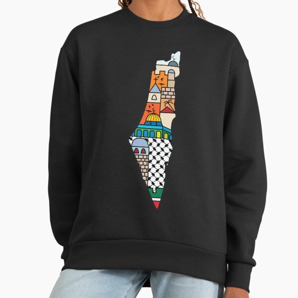 I Love Palestine My Homeland Palestinian Map with Kufiya Hatta Pattern and Most Sacred Cites -wht Sweatshirt