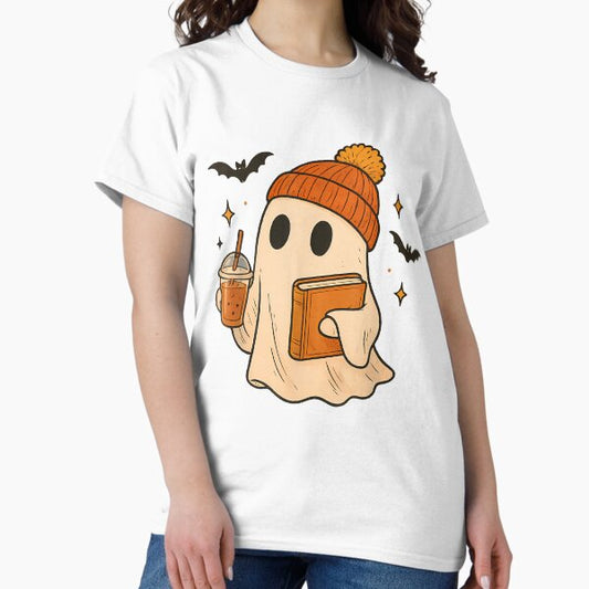 Funny Ghost Coffee Reading Teacher Fall Pumpkin Halloween T-Shirt