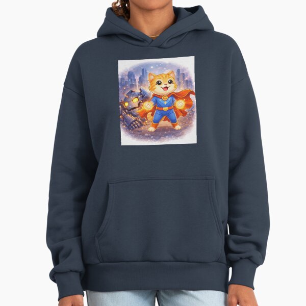 Superhero Cat Defeating Robot Villain – Cute Hero Cat Saving the City | Kawaii Comic Art Hoodie