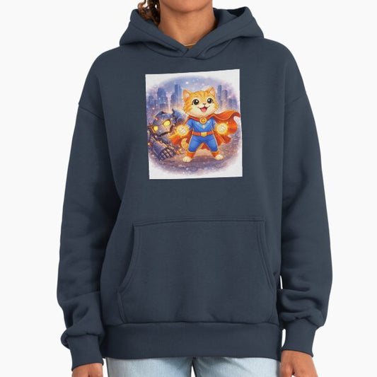Superhero Cat Defeating Robot Villain – Cute Hero Cat Saving the City | Kawaii Comic Art Hoodie