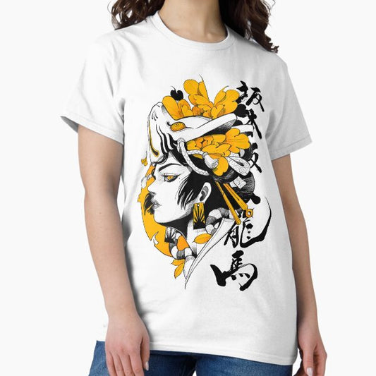 Japanese Samurai Geisha Mask Colorful Modern Urban Style T-Shirt