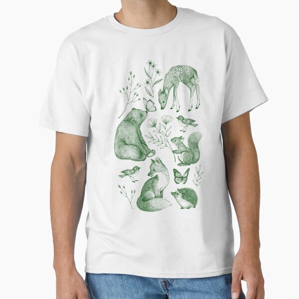 Forest Fauna Toile - in moss green on cream T-Shirt