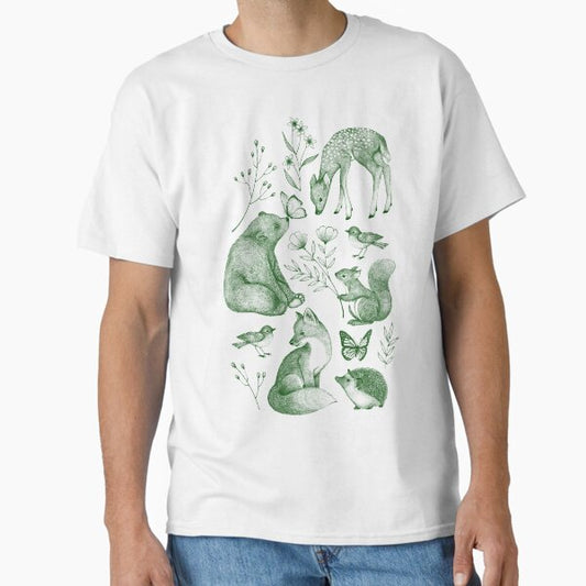 Forest Fauna Toile - in moss green on cream T-Shirt