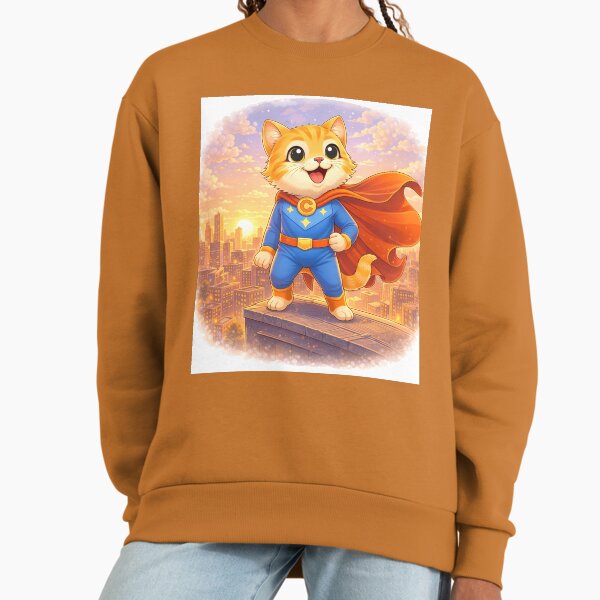 Superhero Cat Standing Over City – Cute Cat Hero on Rooftop | Kawaii Comic Superhero Art Sweatshirt