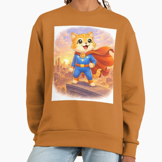 Superhero Cat Standing Over City – Cute Cat Hero on Rooftop | Kawaii Comic Superhero Art Sweatshirt