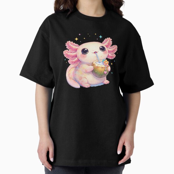 Cute Axolotl Drinking Coconut – Kawaii Axolotl Art, Pastel Animal Illustration, Cute Sea Creature Design, Whimsical Cartoon T-Shirt