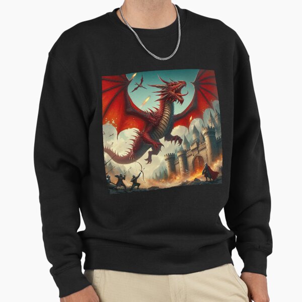 Red fire-breathing dragon flies over a castle,Legendary Animals,dragon art,Legendary dragon Sweatshirt