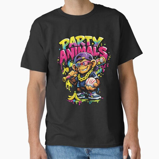 Party Animals Monkey Baseball Funny Drip Graffiti Street Style Design T-Shirt