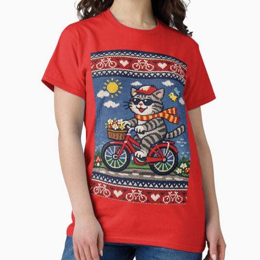 Cat riding a bicycle, funny knitted picture T-Shirt