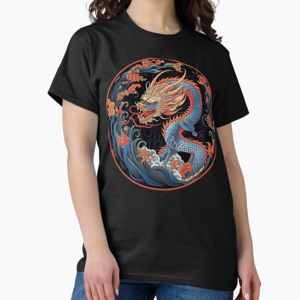 Dragon Chinese Style | Blue and Red | Waves and Flowers T-Shirt