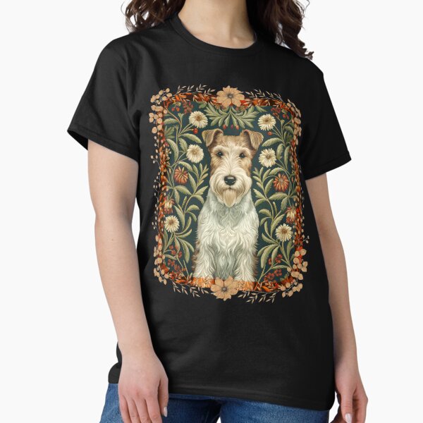 Wire Fox Terrier in a William Morris Style Floral Garden T-Shirt