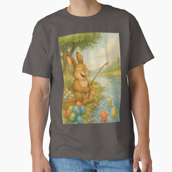 Laughing Easter bunny fishes for colorful Easter eggs in the river T-Shirt