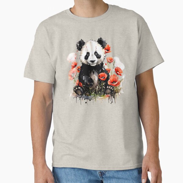 Cute Colorful panda in a field of Wild flowers and poppies T-Shirt